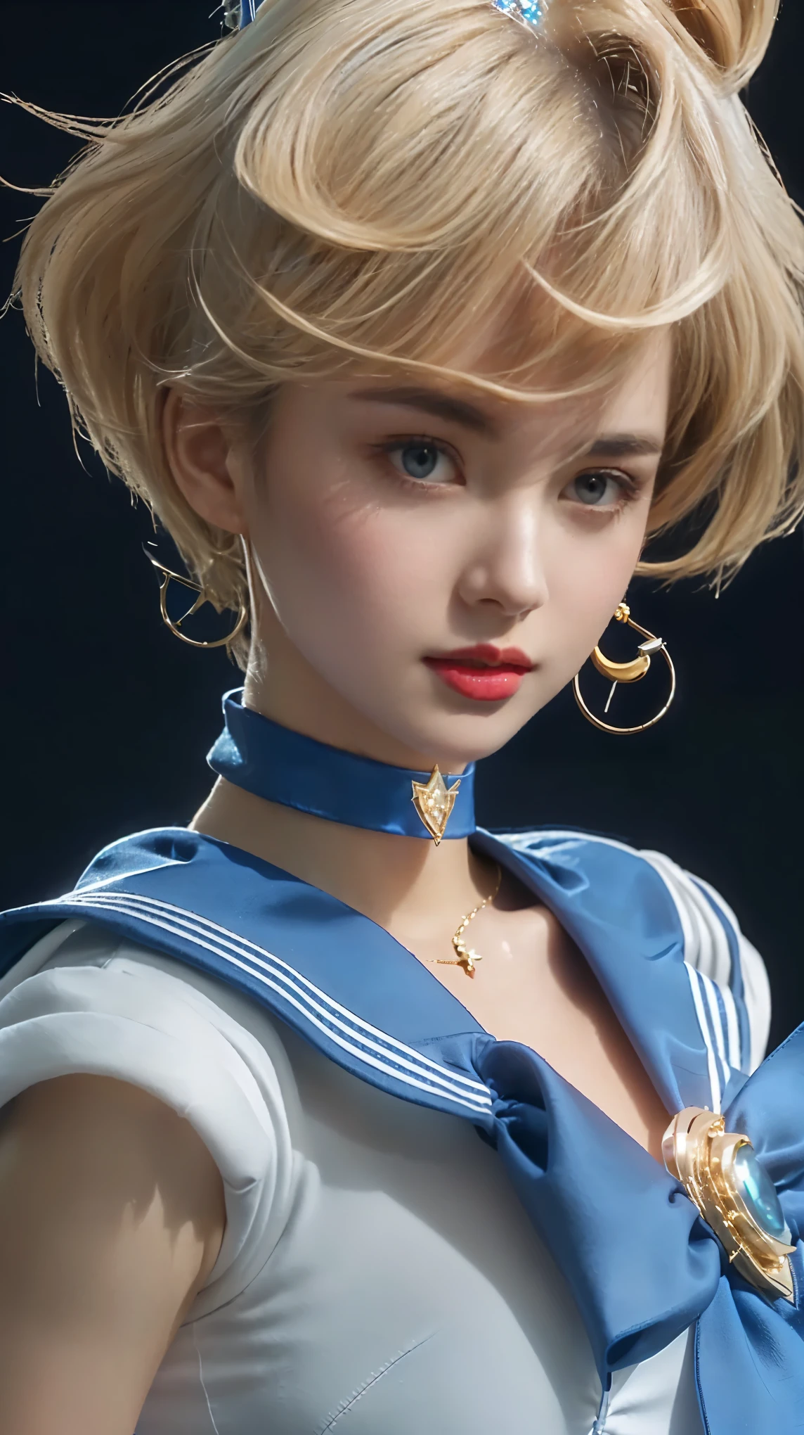 A very realistic depiction of a character inspired by Sailor Uranus. The character has super short blonde hair, light blue eyes, thin lips, shiny lips, a plump chest, super large breasts, and a slight cleavage. She wears a white and blue sailor uniform, a blue sailor collar with white stripes, with a large blue ribbon at the front, adorned with a gold brooch, a crescent moon tiara, and a blue choker, realistic, with a dark background.