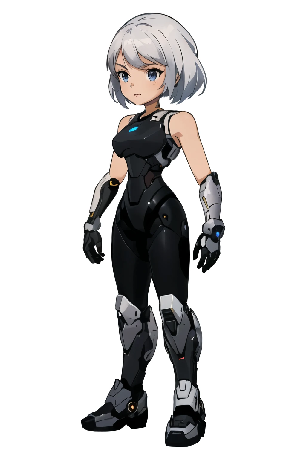 anime character of a woman in a black and white outfit, girl in mecha cyber armor, female mecha, cyborg - girl with silver hair, armor girl, full body mecha suit, mecha suit, official character art, mecha human, anime mech armor, ferra white mecha, cyborg merchant girl, cute cyborg girl, anime girl of the future