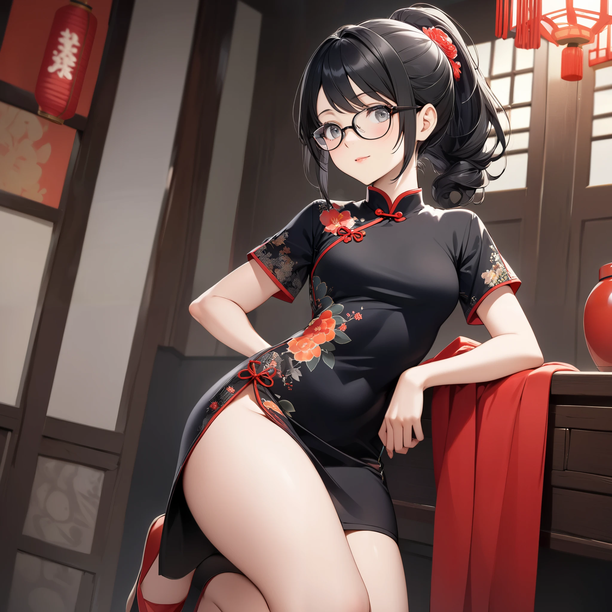 Korean girl
,Wear glasses
,Red Chinese cheongsam
,White pleated short skirt
,short skirt
,Black messy bun
,brown eyes
,small waist
,See the thighs and navel
,Attending the Chinese New Year Festival
,Beautiful composition
,Taken by a professional photographer
,Barefoot
,I'm sweating a lot.
,be happy
,Thin eyebrows, not too dark
,High nose
,small breasts
,Wet legs
,Don't be a jerk.
,small
,sparkling eyes
,pink mouth