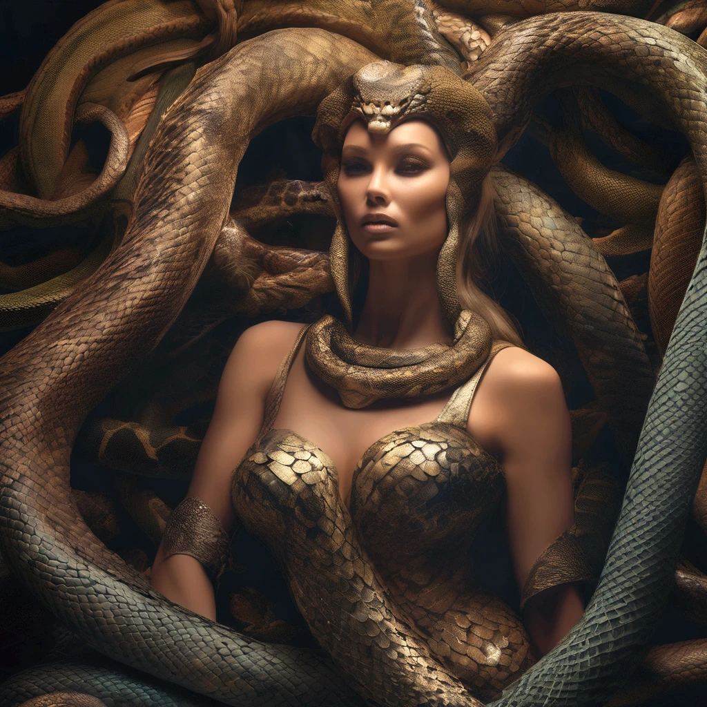 medusa, attractive face, (human upper body:1.4), exposed breasts, (serpent lower body:1.4), full body image, indoors dungeon background