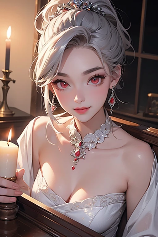 ((best quality)), ((masterpiece)), (detailed), perfect face, a woman with long white hair crying in front of a candle 