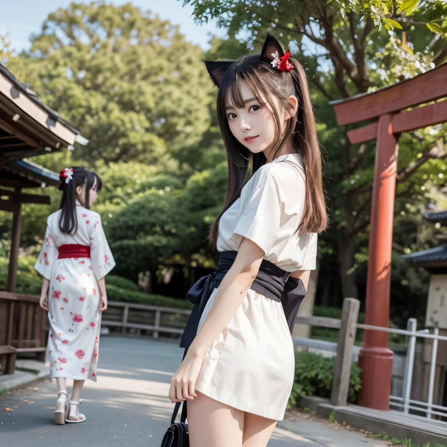 ((masterpiece, best quality)), Outdoors , Red Torii Gate, tree, stage,, 2girls, Shrine maiden,Shrine maiden, Watch viewers, look back,, Red leg wear , red ribbon, black hair,cherry blossoms, day, flower, hair bang, hair ribbon, kimono, kimono, long hair, Cat ears, small flowers,, multiple girls, red eyes, Red Hair, ribbon, Sandals, single hair bang, is standing,clog Sandals,white kimono, yellow eyes,Sparkle, thigh high socks,