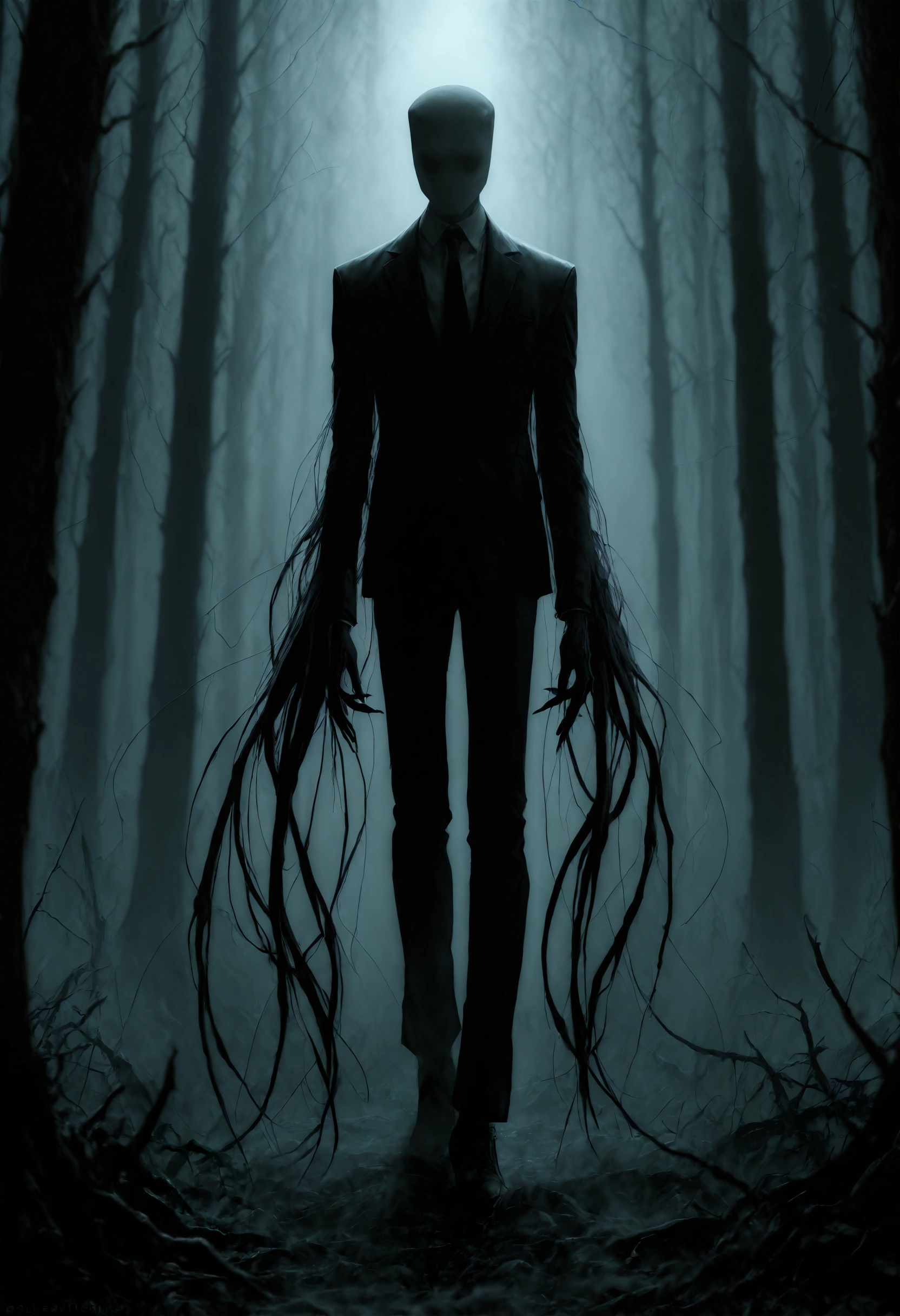 1man, slenderman, creepypasta, realistic, faceless, white skin, black suit, black tie, black pants, long arms, long legs, dread, foggy forest, dense fog, depth of field, masterpiece, best quality, good quality, newest, ultra quality, high detailed