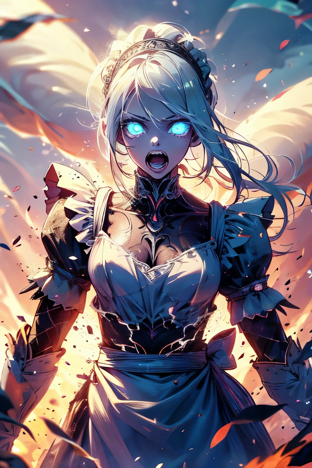 (best quality,4k,high resolution,masterpiece:1.2),a maid is hit by fireball with scared face, covering her face by both hands, surrounded by fire, detailed eyes,beautiful detailed lips,extremely detailed blue eyes and face, long silver hair, long eyelashes, Europian noble face, fearful face, open mouth with scared, upper body portrait above the knees, tightly fitted outfit,black long-sleeved maid costume,wearing white apron, wearing long skirt.