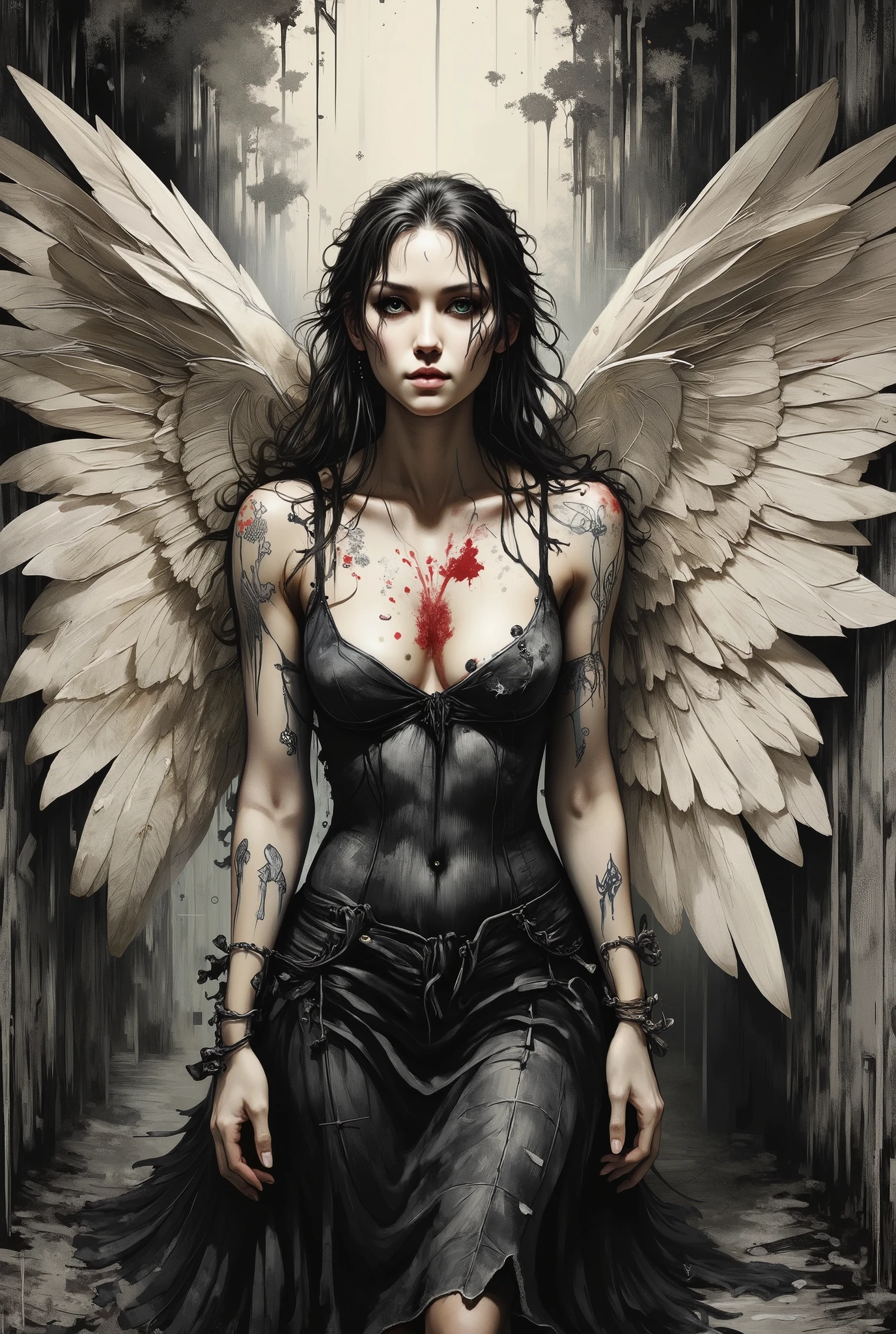 fusion of watercolors and oil paintings, mix of monochrome and color, black ink. Create a dark and atmospheric image of a beautiful fallen angel with wet, long hair and massive lush off-white wings. Athletic body. She stands in a forgotten, abandoned building. Fog surrounded her. God rays on her face. A red, and a dark, viscous substance flows down his chest. Luis Royo style. Gothic style. Hyperrealism, Illustration, High Details, Textured Skin clean line art, conveyed through expressive rough charcoal sketch marks on a distressed, old paper texture, with visible deckle edges and subtle tears, infused with the emotional intensity of Luis Royo's expressive lines, the opulent details of Gustav Klimt's symbolic ornamentation, and the flowing organic curves of Boris Vallejo, with bold contrasts and loose hatching, clean line art, conveyed through expressive rough charcoal sketch marks on a distressed, old paper texture, with visible deckle edges and subtle tears, coming undone, into black ink, fading into the textured gray background. The woman’s bright, piercing green eye contrasts sharply against the chaotic patterns, evoking a sense of ethereal elegance.