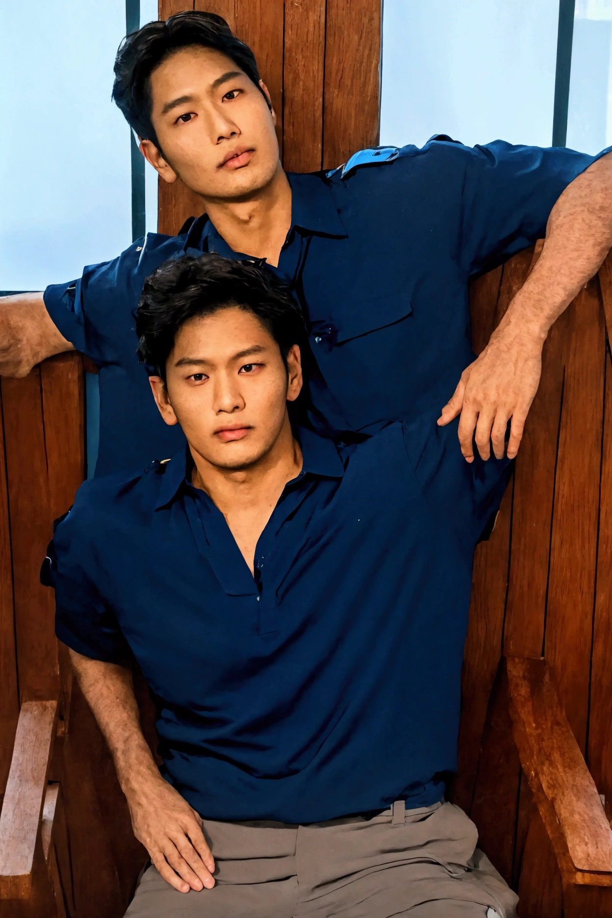 I'll do it with my friends、 Japanese and , dark skin, shibeyuuji , ash kethcum, boy , shibayuuji stil, anime style, sweat, boy 、 mole, grown jaw, multiple boy s, school, big penism the person sitting on the chair is a police officer、window、glass window、anal sex with boy s, , living rooms, boy s, Police Officer、 private clothes, peace sign,Police Officerの帽子、 Blue Shirt, zoom out