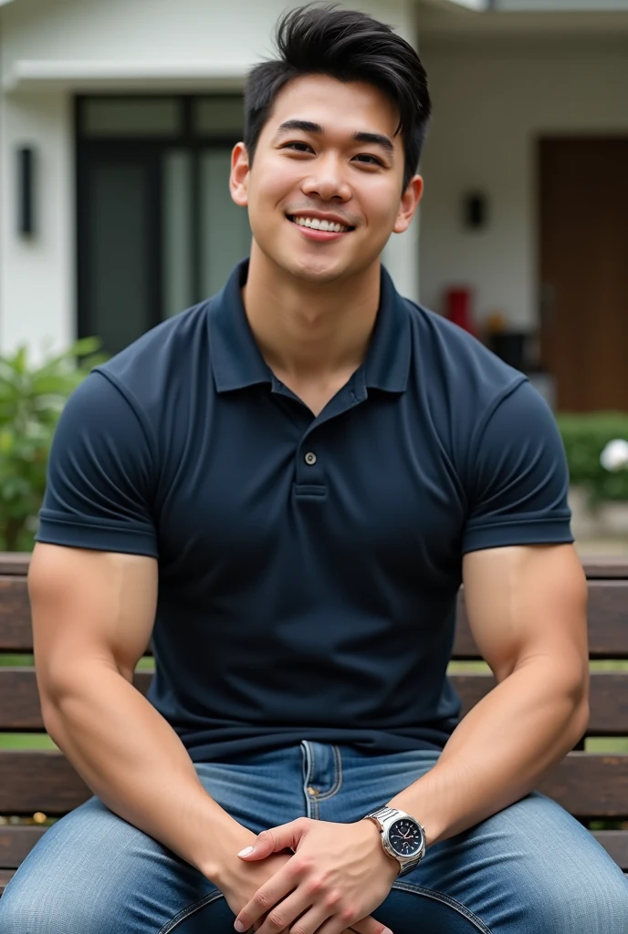 Natural light, realistic, Thai man, ทรงผมสั้น buzz cut, Handsome, muscular, big muscles, Broad shoulders, model,  Wear a tight polo shirt. dark blue jeans standing smiling , outdoor outside