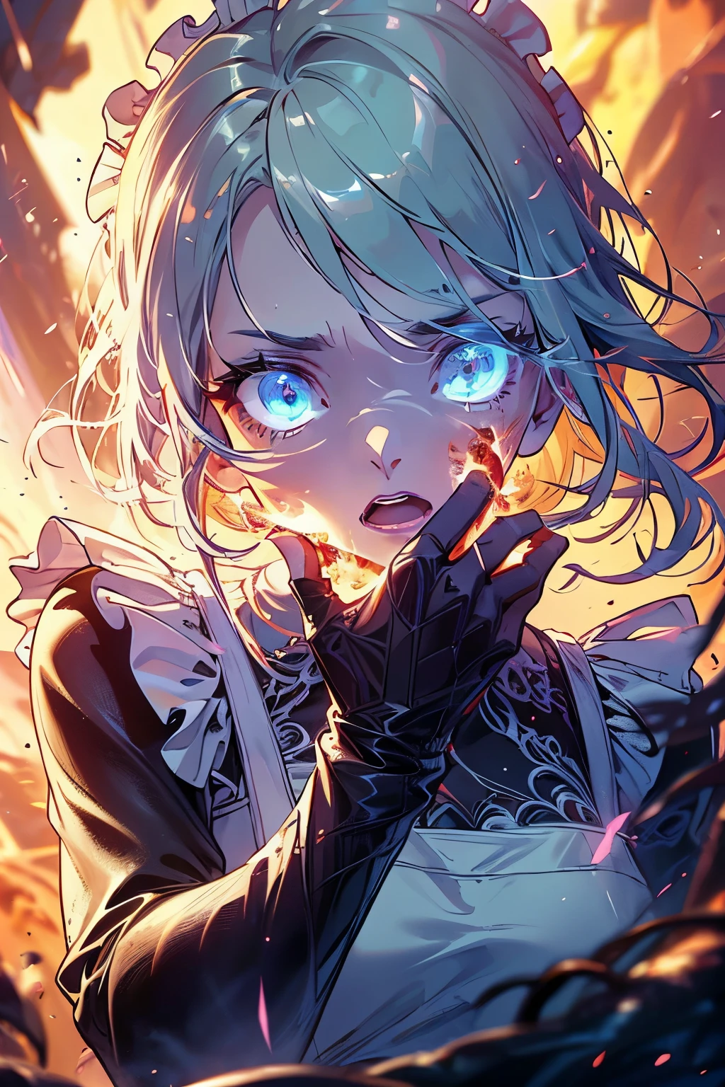(best quality,4k,high resolution,masterpiece:1.2),a maid is hit by fireball with scared face, covering her face by both hands, surrounded by fire, detailed eyes,beautiful detailed lips,extremely detailed blue eyes and face, long silver hair, long eyelashes, Europian noble face, fearful face, open mouth with scared, upper body portrait above the knees, tightly fitted outfit,black long-sleeved maid costume,wearing white apron, wearing long skirt.