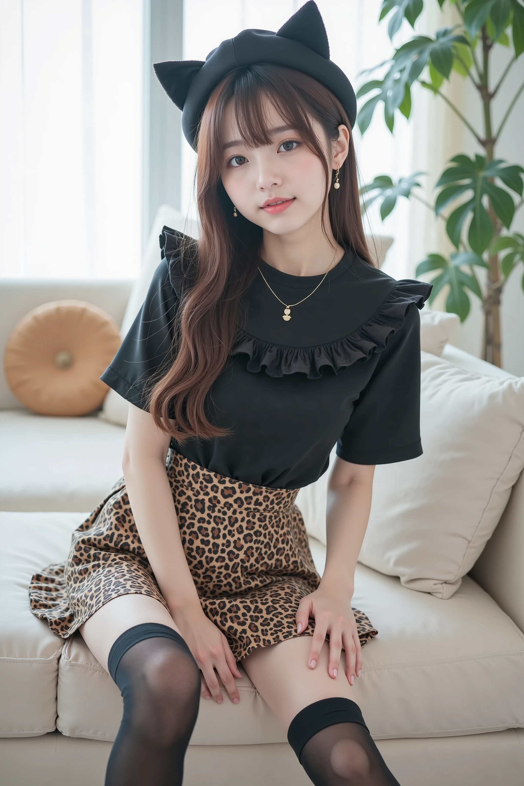 A young woman wearing a black frilled top, a leopard print skirt, gartered black stockings, and a cat-eared beret, sitting on a white sofa in a bright living room, her posture leaning slightly forward with one hand on the sofa, looking at the viewer with a gentle smile, soft airbrushed textures and chiaroscuro shadows adding depth, glowing aura around her figure, background features subtle houseplants and round cushions with a bokeh effect for focus.