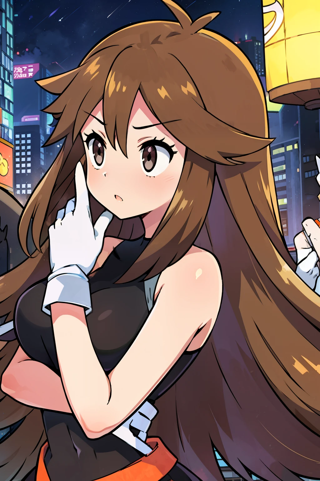 ( best quality)(Masterpiece)(pokemon leaf)(Plain、black sleeveless dress,1.3)ground level shot,City,(White gloves:1.2),(girl, dark orange-bronze hair, long hair,hairs between eyes,swept bangs,hair,:1.2)(cuddle:1.2) flipped long hair 先端(medium breast)(black eyes) 1girl , happiness、 open your mouth slightly、Raise your finger。leaning significantly forward, on link,powder light,akanbe,teasing