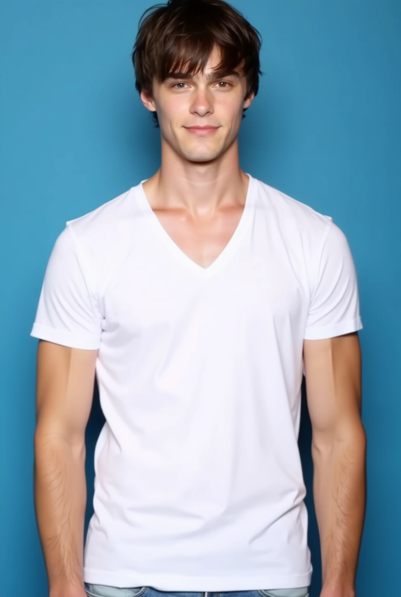 Mitchell Hope. The upper body image is a high-resolution photograph of Mitchell Hope standing against a solid blue background. He has a fit, athletic build with well-defined muscles. He has a light complexion and messy, tousled brown hair. He is dressed fitted plain white t-shirt that fits him snugly, highlighting his toned arms and chest, hairy skin, dark skin, shibeyuuji ,shibayuuji stil, sweat, boy multiple boy sex