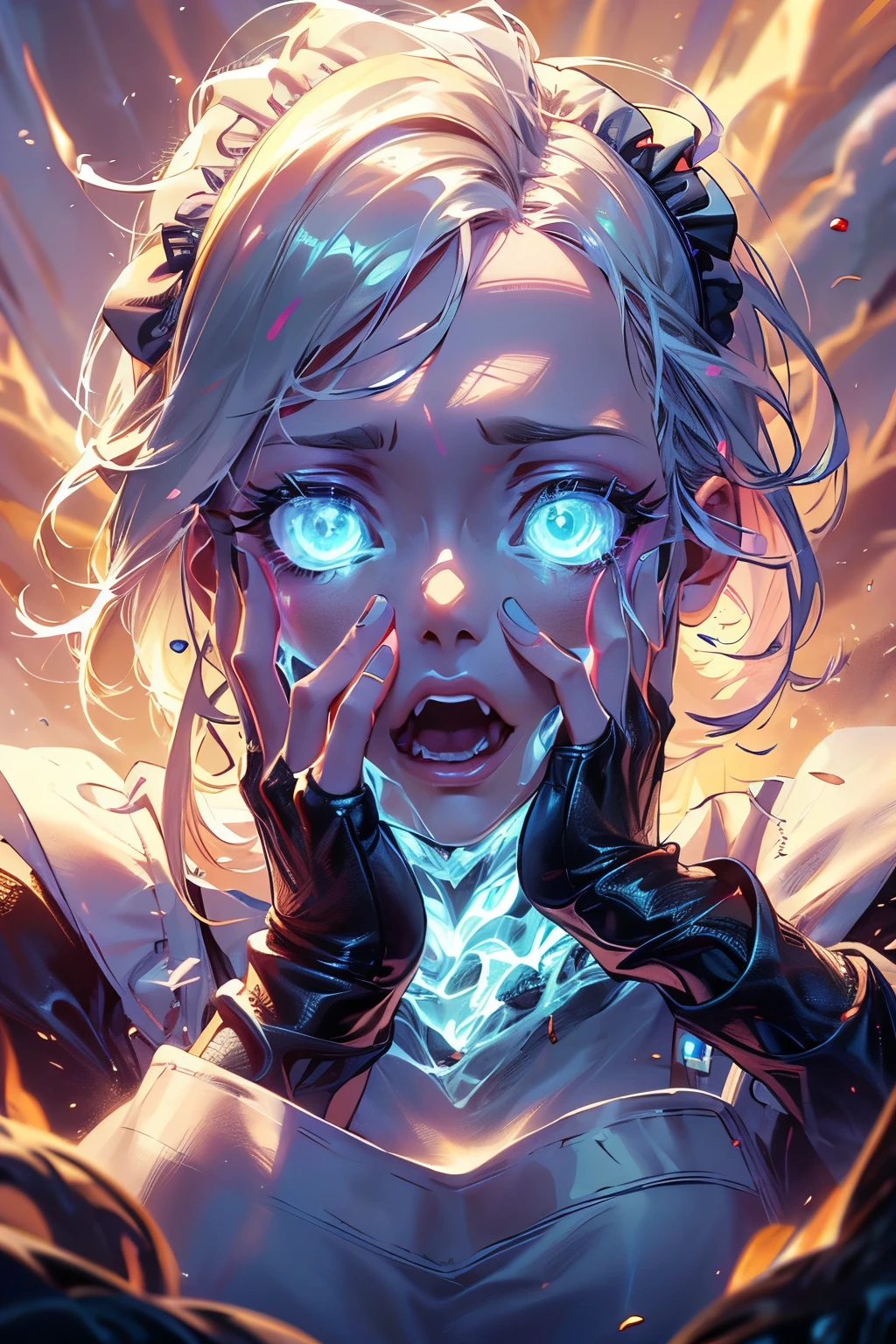 (best quality,4k,high resolution,masterpiece:1.2),a maid is hit by fireball with scared face, covering her face by both hands, surrounded by fire, detailed eyes,beautiful detailed lips,extremely detailed blue eyes and face, long silver hair, long eyelashes, Europian noble face, fearful face, open mouth with scared, upper body portrait above the knees, tightly fitted outfit,black long-sleeved maid costume,wearing white apron, wearing long skirt.