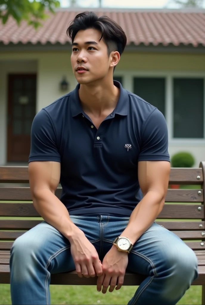Masterpiece, best quality, High quality, วอลล์เปเปอร์ CG unity 8k ที่มีvery detailed, depth of field, HDR,,photorealistic,very detailed, 1 man sitting on a chair, Asia, black short hair, , (Thai , white shirt), blue cargo shorts, chest muscles, Big arm muscles, blood vessel, big muscles, Broad shoulders, looking at the audience, Balancing the eyes, (Make eye contact) (outside the building:1.3)