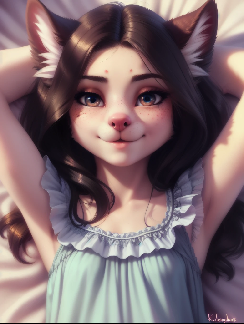 beautiful and detailed upper body portrait , ((young anthro domistic dog)), anatomically correct, Schlank, Hochgeladen E621, detailed flauschige fur, (von Fluff-Kevlar, Iskra, personalami, Pino Daeni), 1girl, cute blouse, adorable, bed, 1girl, realistic, ultra sharp image, view from above, (solo), highly detailed, first person view, masterpiece, lying on her back, beautiful hair, flat chest, dark hair, perfect eyes, absurd resolution, cute snout, waiting, freckles , eyelashes, (kissy face), (Kissing mouth), first kiss, very young girl, detailed facial features, sharp focus, selfie, (full body 1:2), fluffy tail,