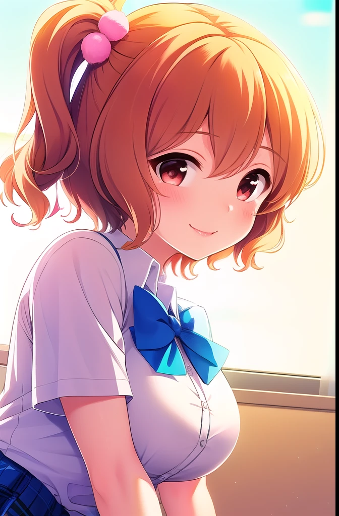 (Masterpiece, best quality), highly detailed background , perfect lighting best quality, ( upper body angle:1.4)、((front:1.4)), , Tomura Michiru, Alone, indoor, school classroom, orange hair, One side up, hair bobble, hair between eyes, short hair, red eyes, medium boobs, (Blue Bowtie:1.3), white t-shirts, Short sleeve, BLUE SKIRT , plaid skirt、white thin thighs, ( white knee socks), school uniform, with a cheerful smile,、blush, pink lips,