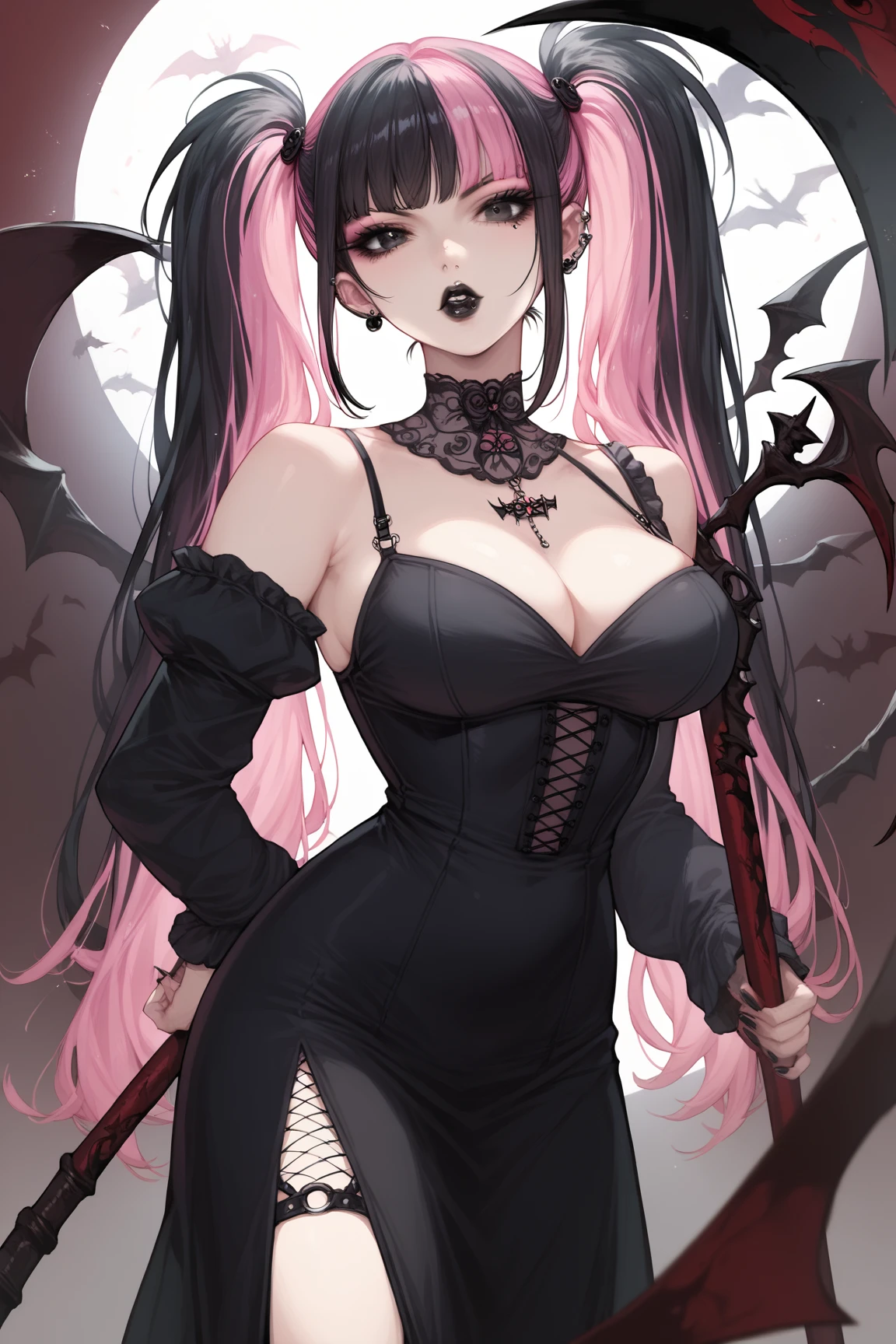 Gothic vampire girl, eye shadow, gothic black sexy sexy outfits, sexy in the cemetery, She is holding a spear with one hand, fully body