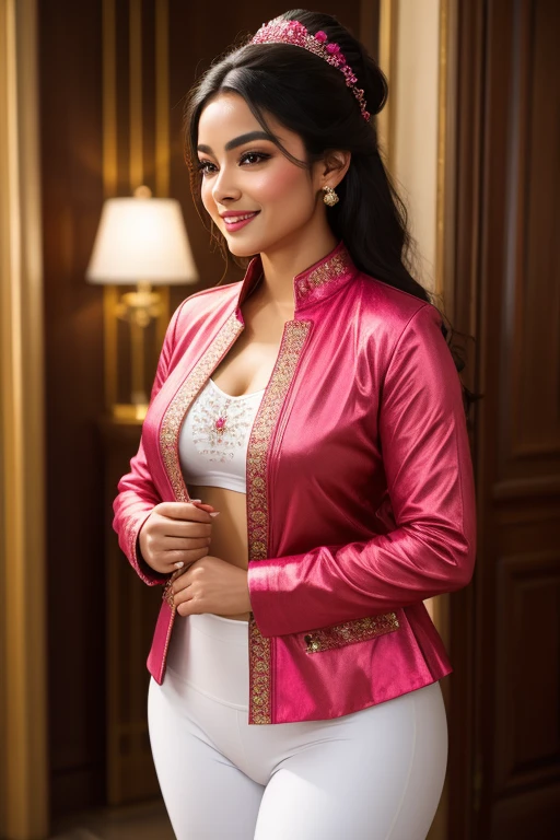 a beautiful nepali woman, detailed portrait, mid shot, elegant expression, flawless features, modern nepali attire, intricate embroidery, baby pink colors, radiant and graceful, captivating presence, photorealistic, high resolution, hyper detailed, cinematic lighting, warm color tones, masterpiece, stunning clarity and precision
