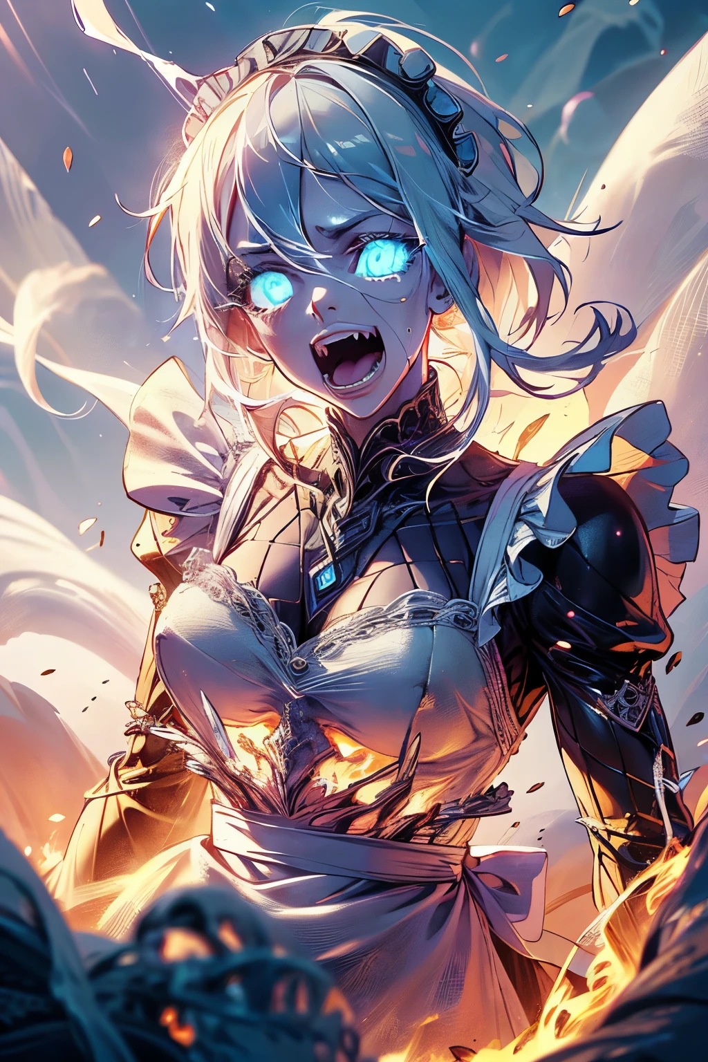 (best quality,4k,high resolution,masterpiece:1.2),a maid is burning by fire with scared face, covering her face by both hands, surrounded by fire, detailed eyes,beautiful detailed lips,extremely detailed blue eyes and face, long silver hair, long eyelashes, Europian noble face, fearful but laughing face, open mouth with smile, upper body portrait above the knees, tightly fitted outfit,black long-sleeved maid costume,wearing white apron, wearing long skirt.