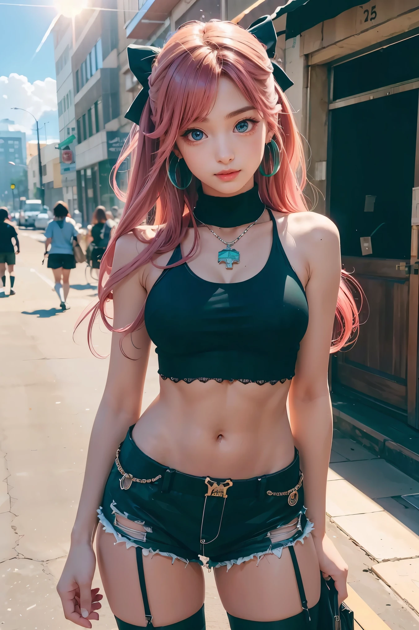 nicoledemara, nicole demara, (green eyes:1.5), pink hair, hair ornament, hair ribbon, hairclip, long hair, mole, mole on breast, mole on thigh, mole under eye, two side up, ribbon, smirk, smile, open mouth,
BREAK black footwear, black ribbon, black shorts, black socks, black thighhighs, boots, cleavage, crop top, earrings, jewelry, kneehighs, nail polish, necklace, o-ring, short shorts, shorts, single kneehigh, single sock, single thighhigh, socks, thigh strap, thighhighs, torn clothes, two side up,
BREAK outdoors, city, sky, clouds, sun, buildings, crowd, people, alley,
BREAK looking at viewer, (cowboy shot:1.5),
BREAK (masterpiece:1.2), best quality, high resolution, unity 8k wallpaper, (illustration:0.8), (beautiful detailed eyes:1.6), extremely detailed face, perfect lighting, extremely detailed CG, (perfect hands, perfect anatomy),