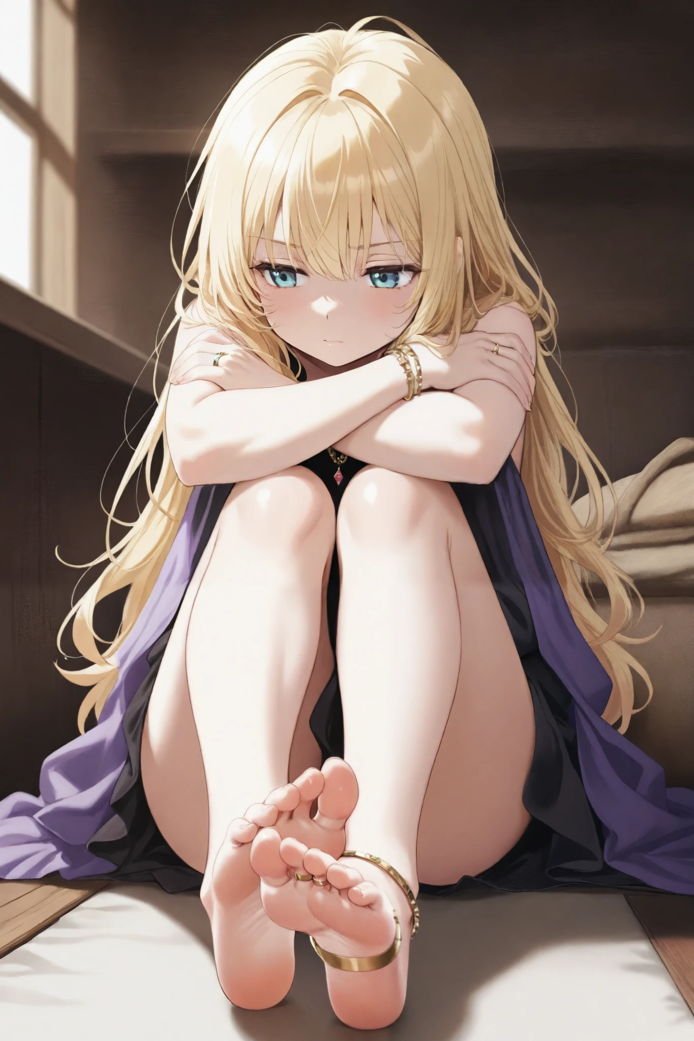 1girl, barefoot, soles, foot_focus, feet, crossed_arms, solo, jewelry, toes, blonde_hair, toe_ring, sitting, long_hair