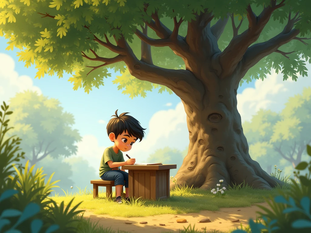 "A peaceful village setting with a modest house in the background. In the foreground, a determined young student is sitting at a small wooden table under a tree, surrounded by books and study materials. He is focused on studying for the NEET exam. The scene captures the simplicity of rural life and the student's dedication."
