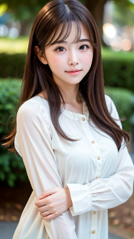 Please create an image of a 20-year-old young woman with soft and delicate features. She should have long, shiny hair, radiant skin, and a serene expression. The surrounding scenery should be soft and peaceful, highlighting her natural beauty. The clothing should be simple and elegant, complementing her charming appearance