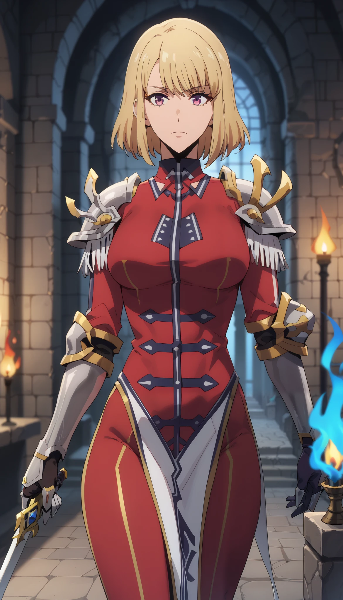 score_9, score_8_up, score_7_up,
ChaHaeInSL,
1girl, solo, closed mouth,
blonde hair, medium hair, purple eyes,
ChaHaeInArmor, red bodysuit, shoulder armor, gauntlets, military, pelvic curtain, holding sword,
(standing:1.2), looking at the viewer, thigh gap,
indoors, dungeon, stone wall, wall, stone, blurry background, (blue fire, torch:1.2)