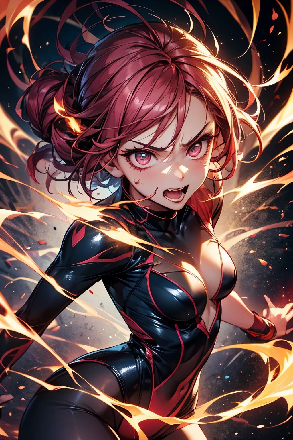 1girl,solo,super detailed skin,shiny skin,wet skin,expressionless ,open mouth,Clenching teeth,eyelashes,lips gloss,red hair,bob hair,short hair ,large breasts ,bodysuit ,ninja clothes,boots,fire punch,night ruins,masterpiece,best quality,ultra detailed,high resolution,sharp focus,depth of field
