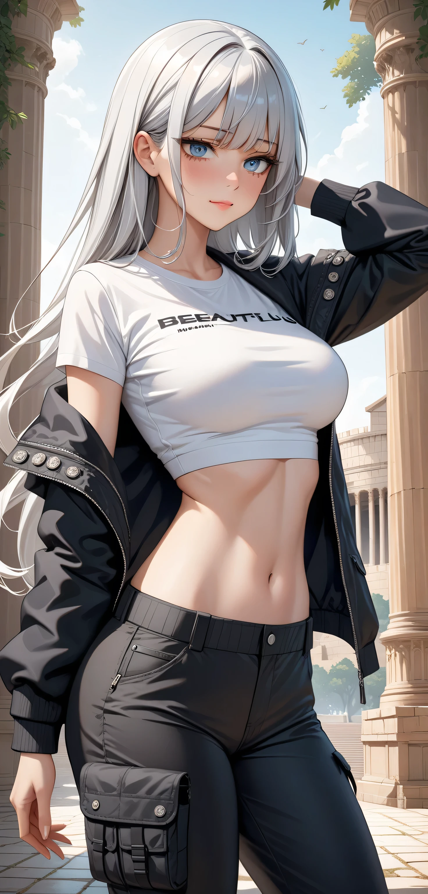 brazilian woman, dark skin, perfect brown eyes, details, elf ear, eyebrow, smiling, lips, long straight white hair, Short Sports T-Shirt Solid With Thumbholes, DAZY Tailored Trousers Solid Tucked Detail, slim waist, thick legs, thick thighs, background scenery, ultra detailed rio de janeiro, on the beach, night light, night, beautiful night