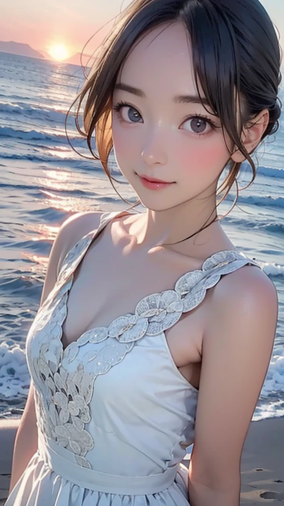 One Girl，(1人のとてもcute女の子:1.3)，masterpiece，Highest quality，High resolution，Photorealistic，RAW Photos，Ray Tracing，beautiful girl，(15 years old:1.3)，cute，Big eyes，(detailed pupils:1.2)，(The face is facing straight ahead:1.3)，Body facing forward，Beautiful nose，Fuller lips，Short black hair，ponytail，short hair，Detailed eyelashes，Thin eyebrows，Very fine grain definition，(Symmetrical eyes:1.3)，(Face close-up，Face Focus:1.0)，Small breasts，Short neck，White swimsuit，White Bikini，The background is the sea，Southern Island，Blue sky，White cloud，Portrait，View Viewer，Upper Body，Cinema Lighting，High resolution，Very detailed