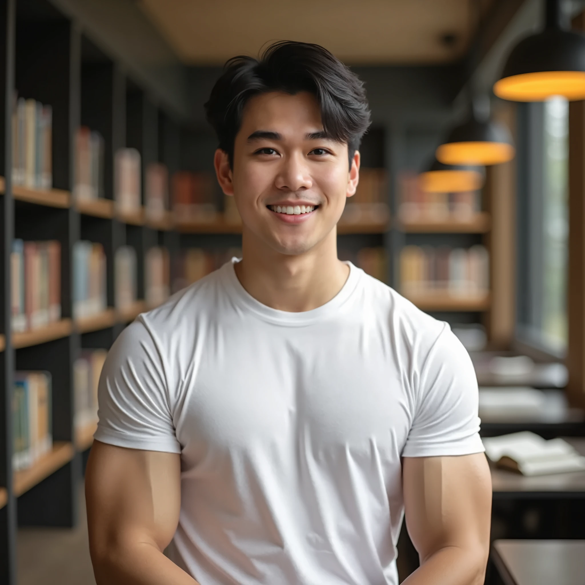 best quality, masterpiece, extremely detailed, masculine, 25 year old muscular bodybuilder filipino man, wearing glasses, round face with chubby cheeks, (muscular bodybuilder), very cheeky smile, fitted clothes, glowing quartz crystal pendant, leaning against bookshelf, reaching out one hand towards camera, in library, afterhours, lights off, at midnight, cinematic shadows, dreamy atmosphere, perfect face, perfect hands, perfection