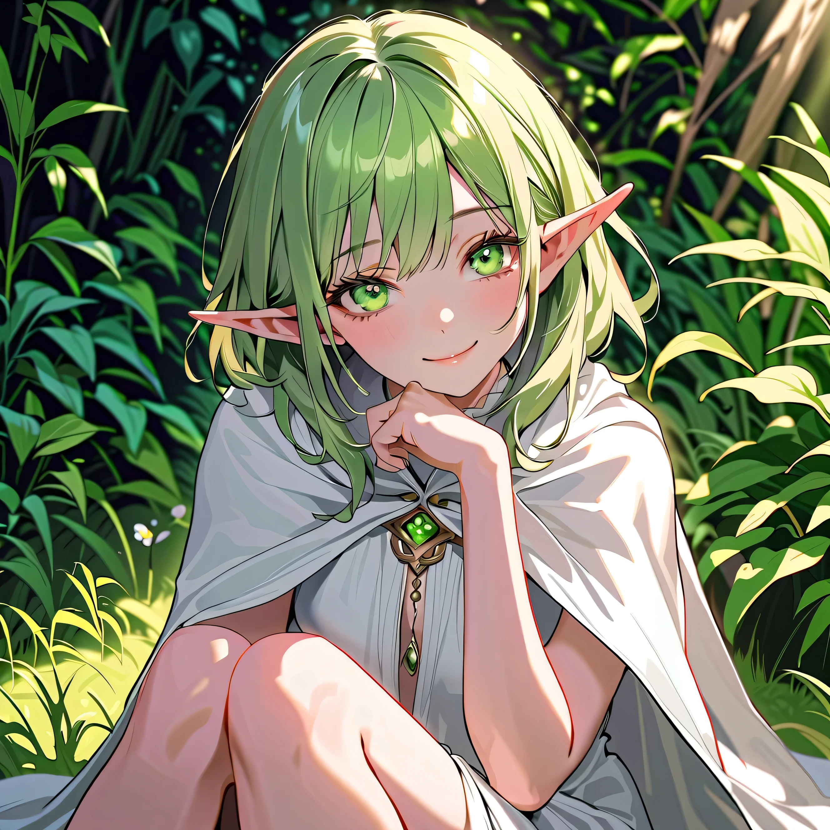 ( best quality),( MASTERPIECE),((Elf)), Delicately Drawn Face ,Sitting in a field with green plants and flowers、 1 girl with long green hair , Beautiful Details Rich Green Eyes ,((White Cape)),A sense of depth, disorganized , Catchlight , movie lighting, beautiful illustrations,Silky to the touch , hyper details, romantic , charming smile