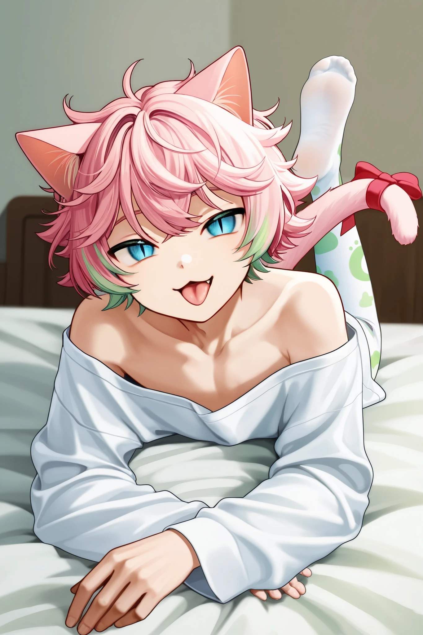 1boy,blue eyes,(slit pupils),Pink Hair(Light green highlights in the middle of hair),curly bangs(Green highlights in the middle of the hair)short Hair,messy hair,Cat ears and tail,(No human ears), cyan shirt above white tshirt:1.2,cyan shirt:1.2,collarbone,strapless:1.2,short sleeves:1.3,sleeves medium shoulder:1.2,print pantyhose,cat ears,cat boy,cat tail,:3,tail bow,naughty face,one eye closed,open mouth,tongue out,bed room,on stomach,from behind,both feet up,foot focus;1.4, guy; wide eyes
