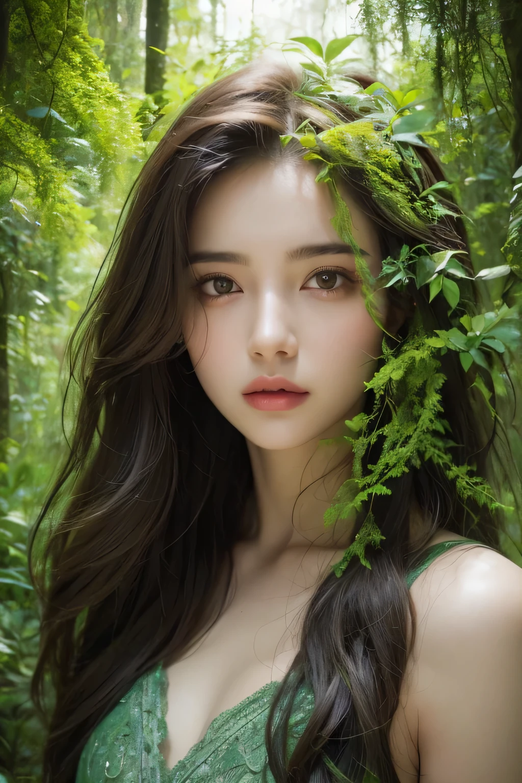 closeup cleavage,ln the forest,hillside,Quiet,Rustic,High-definition details、Splashed lotion,Detailed and intricate digital illustration of dense jungle full of exotic plants and animals,Sunlight filters through the canopy to create a mottled effect。The style of Yoshitaka Amano and Hayao Miyazaki,tmasterpiece,proportionate,the detail,trends in art station,beautiful light up,realisticlying,复杂,Award-Awarded,4k,Awarded for the highest quality,4K digital painting in the style of Yoshitaka Amano。A detailed and complex depiction of the zombie apocalypse,