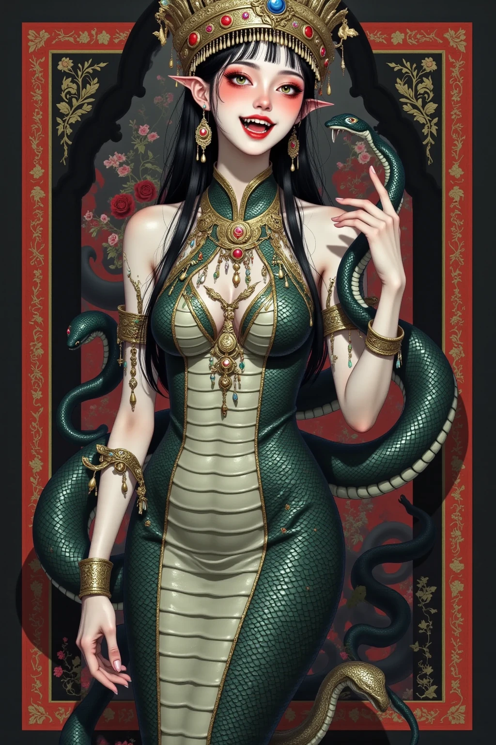 Serpent Goddess, Bronze Skin with Black and Red Scales, Long Black Hair, Python Pattern, Snake Lower Body, Serpentine Armor, Serpentine Blade, Red Snake Eyes, Busty, Scar Over Left Eye, Forked Tongue