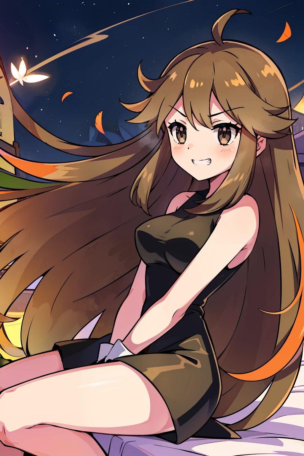 ( best quality)(Masterpiece)(pokemon leaf)(Plain、black sleeveless dress,1.3)girl full body shot,Distant view、side view,City,(White gloves:1.2),(girl, dark orange-bronze hair, long hair,hairs between eyes,swept bangs,hair,:1.2)(cuddle:1.2) flipped long hair 先端(medium breast)(black eyes) 1girl ,blush, grin、 open your mouth slightly、,powder light, long hair fluttering in the wind 、Girl with a fluttering skirt,sitting with her legs stretched out