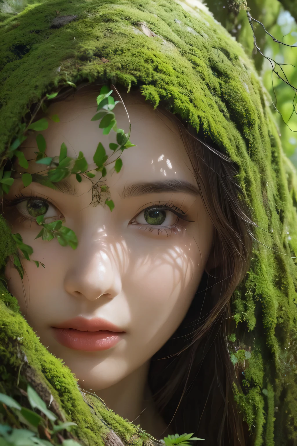 more green moss grows on head, forest background, rain