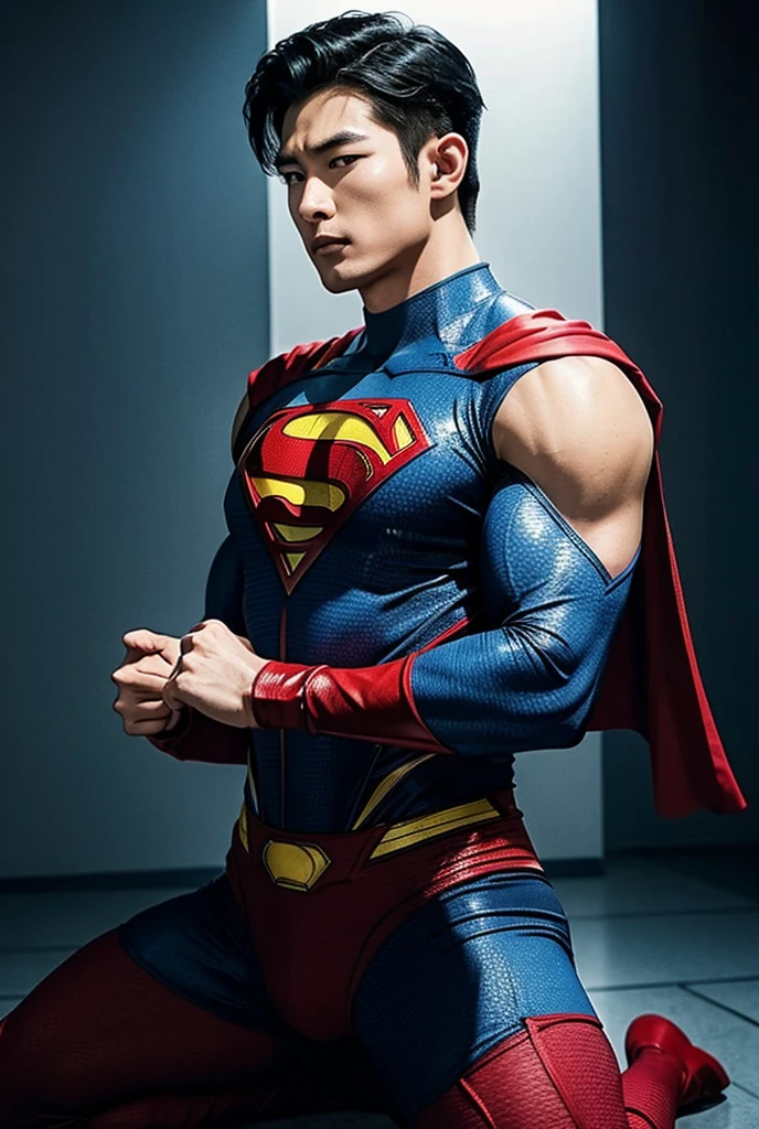 Man body setting,Superman costume tights , (bare thighs ) , sexy , NSFW , eroticism , seduction, standing , big thighs , fat hips , porn , exposed skin , exposed thighs , puffy nipples , seduction , bare hips ,