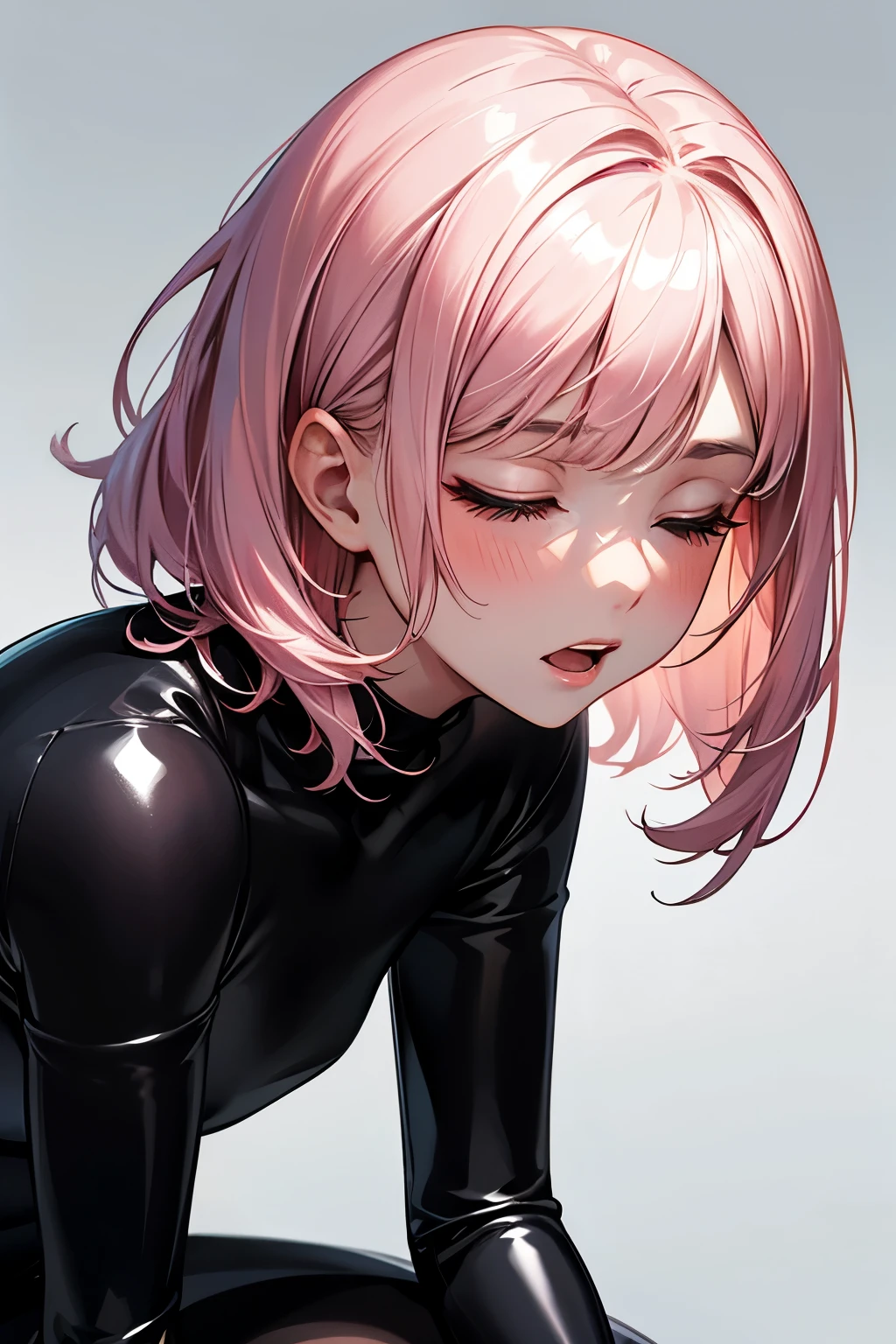 (highest quality:1.2), a 20-years-old girl is standing there looking shy, Blush with embarrassment, very embarrassed,front view, looking herself, touching her costume, a photorealistic cute girl, beautiful face, European face, make-up face, noble face,  large eyes, beautiful lip,open mouth with embarrassed, shameful face, Short-cut pink hair, upper body portrait  above the knee, wearing long sleeve  leotard,tight-fitting and extra shiny black leotard, wearing fishnet bodysuits, wearing red belt