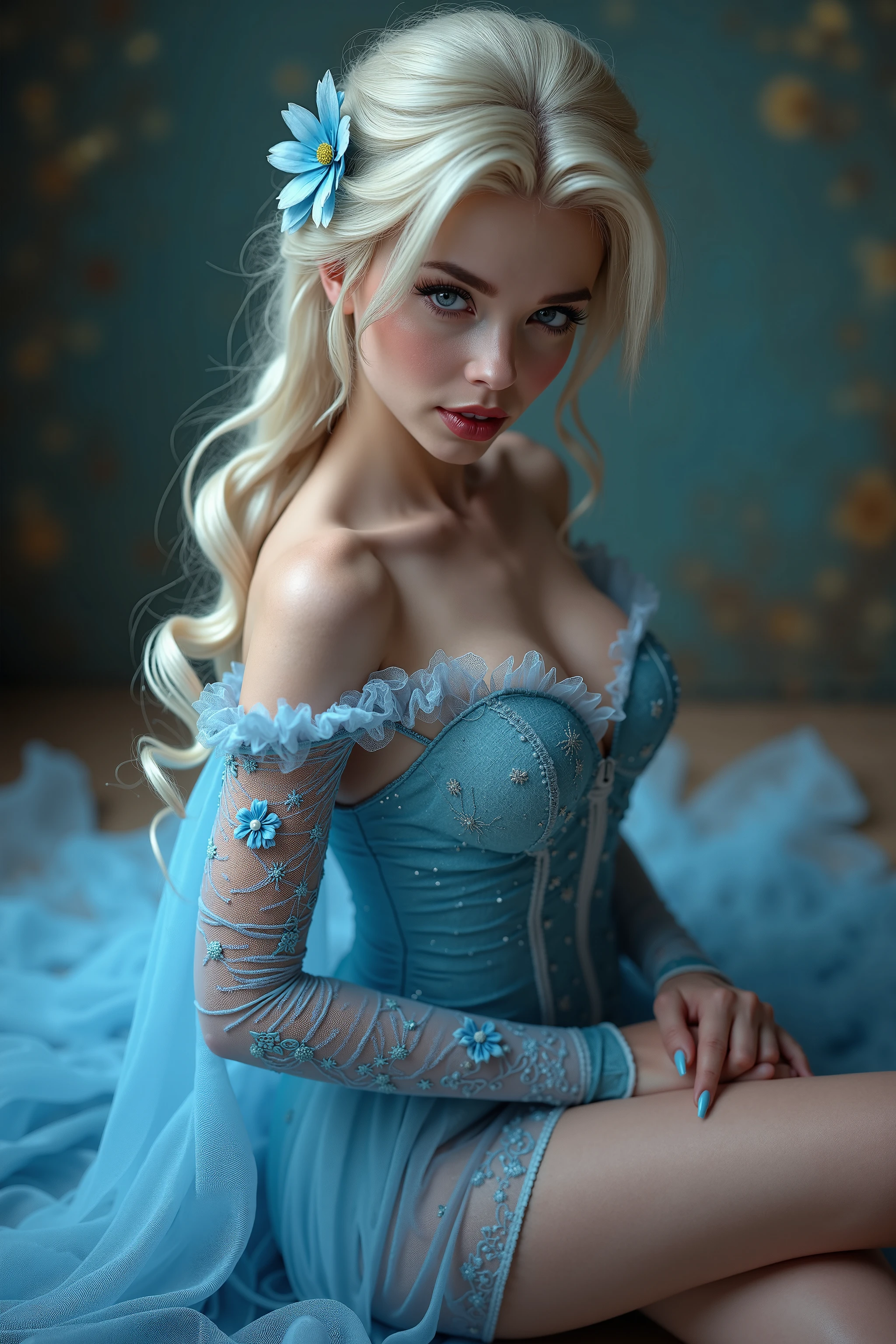 fashion modell, perfect big blue eyes, Perfect iris, Perfect lips, perfect teeth, flawless skin, Glow, (Subdued Color:1.2), Baby Face Woman, 
Gorgeous dress up, snow white see-through lace dress, super long white hair, arms up,
Kneeling, white stiletto sandals high heels,
Kamimei, Photorealsitic、8k picture, full picture