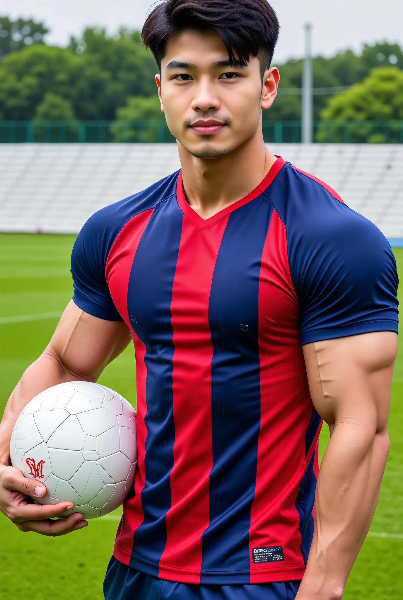 generates a very handsome young boy, with perfect features, he has tattoos on his body, he has a muscular athletic body, his body is hairy and veins are visible on his muscles, he is very sweaty all over his body, he is naked, his legs a little open and naked and she is holding a soccer ball between her legs, she has a big and thick penis, she has long socks and she is standing in the middle of a soccer field, you can see the grass in the background, uncensored, explicit image
perfect image without imperfections or errors