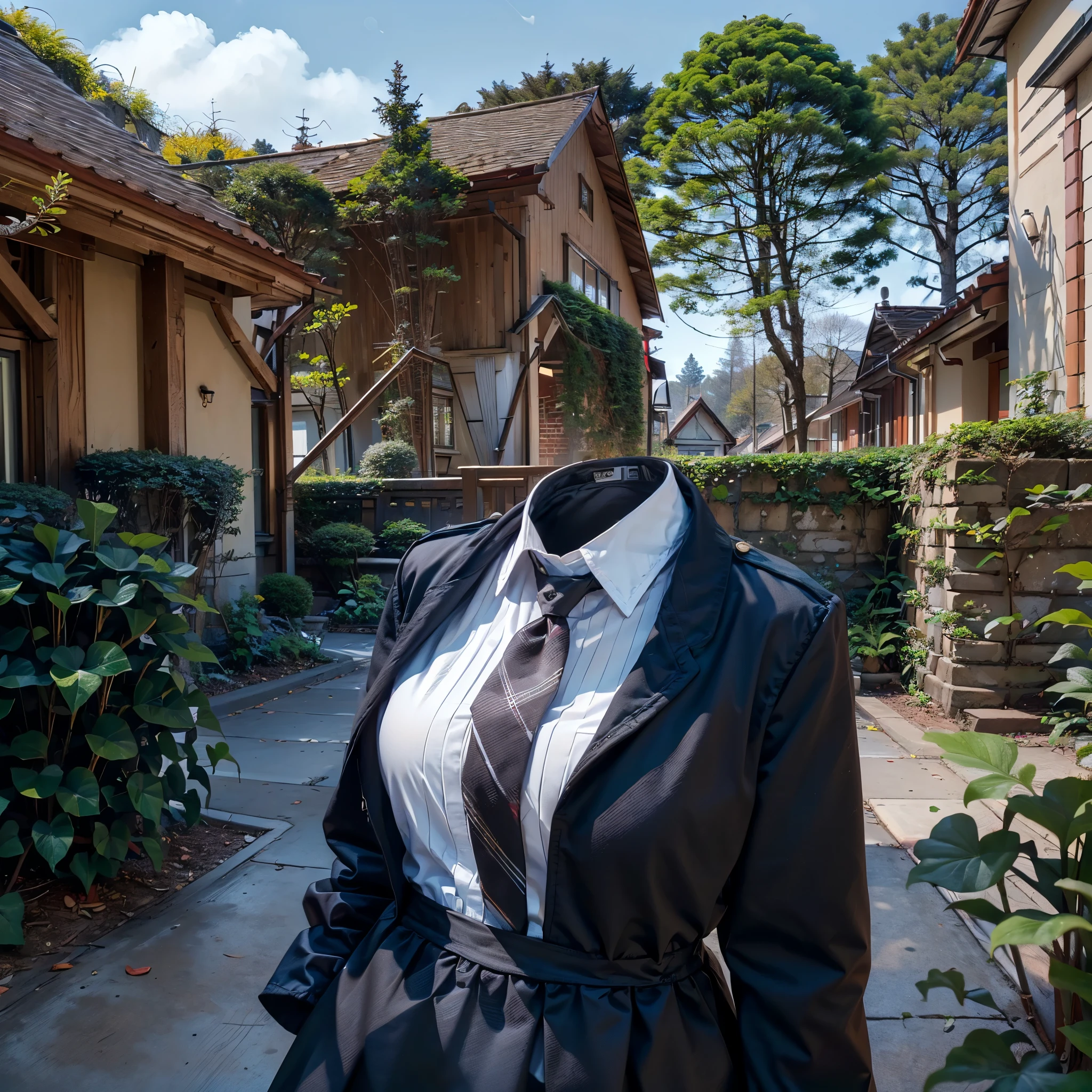 (invisible, no humans, headless, handless, faceless:1.5), 1girl, highres, stripe tie, school uniform, black dress, red ribbon, long sleeves, neck ribbon, school jacket, collared dress, in garden, photon mapping, radiosity, ((Hasselblad photography)), physically-based rendering, detailed cloth texture