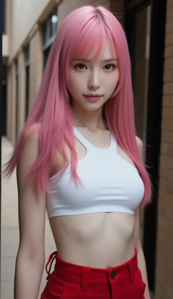 Girl posing for photo (light pastel pink bra: 1.7) And (cotton see-through white shorts: 1.8), arms behind her back, (Full body, Full body: 1.9), Pair with cropped pants, slim figure, Petite bust, Slim Girl Model, 16-year-old female model, Gold wire glasses,Super live-action quality images,surreal photos,Almost completely naked,Wearing almost nothing,Korean Idol,Korea person,Korea person beautiful girl,Detailed expression of facial skin,Light cotton underwear,Korean person of Russian descent,Very white skin,No pants, very small hip,school courtyard hallway,Slender body, Slender Leg,A girl with an innocent smile,maze-like back alley,