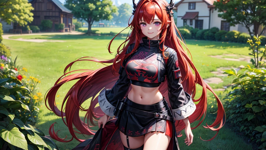 realisitic、Red hair color、Purple eyes、Black mini cheongsam with many slits、Very white skin、Morning sun shining、Ahoge、Transparent Apron、silver tiger fur coat、big weapon