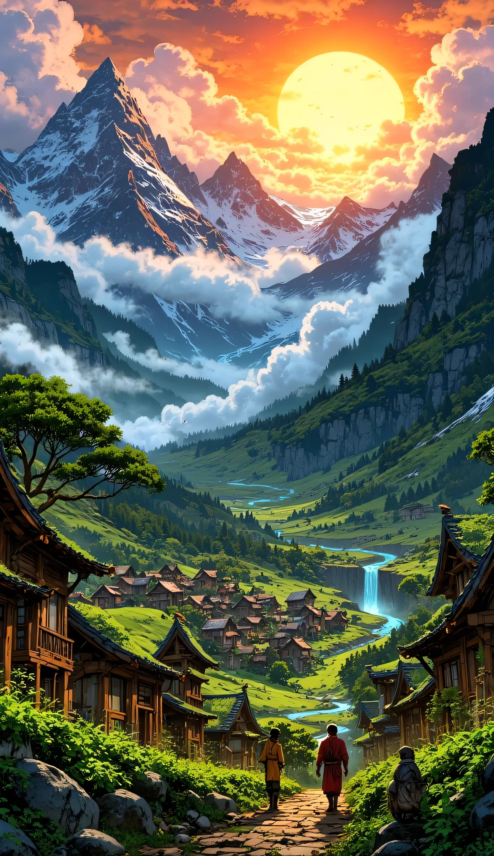  Mountain where there is a town with green vegetation, with villagers harvesting with a beautiful sunrise .