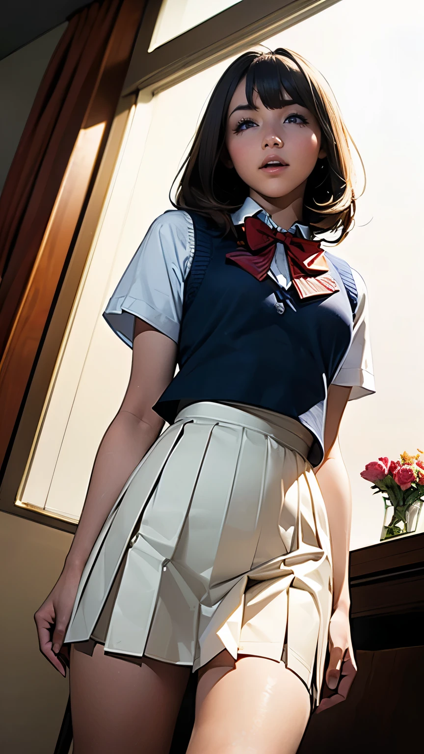 8k,best quality, masterpiece, ultra highres, ultra-detailed:1.2,(girl lifts her skirt to show her ),She takes great pleasure in showing her panties viewers,(16yo,beautifulailed face,(navy hair-color,wavy-short hair),parallel eyebrows,navy eyes with large irises,blunt bangs,small nose, fresh lips,small breasts),smile,BREe school blouse,Dark blue pleated skirt,red panty,in school,