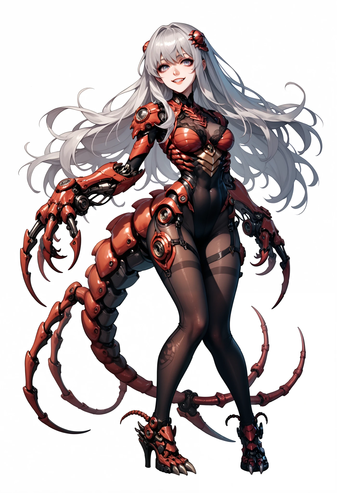 1 woman. Full body tights. Silver hair. Long hair. Yandere. Centipede tail. Big mechanical hands. Sharp claws. White background.