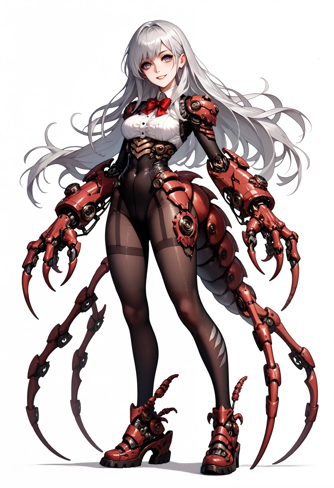 1 woman. Full body tights. Silver hair. Long hair. Yandere. Centipede tail. Big mechanical hands. Sharp claws. White background.