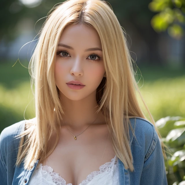 Cafes in the streets of Paris、French woman drinking coffee outdoors、blouse with white frills、((Photorealistic 2.5))、Gorgeous young woman、, (large full breasts:1.1)、make - up、​masterpiece、Blonde long hair、red-lips、hightquality, top-quality、soft sunlight、