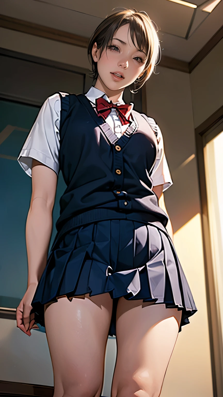 1womanl,12year old,Golden head hair,Beautiful ponytail hairstyle, (blue high waist skirt:1.3),, (whiteshirt:1.3), (double-breasted,Underbust:1.2), Short sleeves, buttonGap,A smile,small tits,Sweaty shirt,Thigh sweat,Legs wide open,My crotch is wet,lift up skirt,Mansuji,Pants are sheer,Leaking pee,